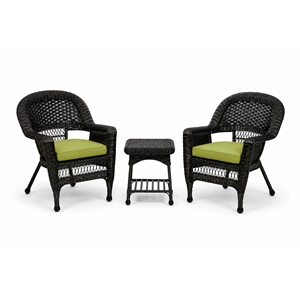 Black Resin Wicker Chair And End Table Set With Sage Green Cushion - 3pc Set