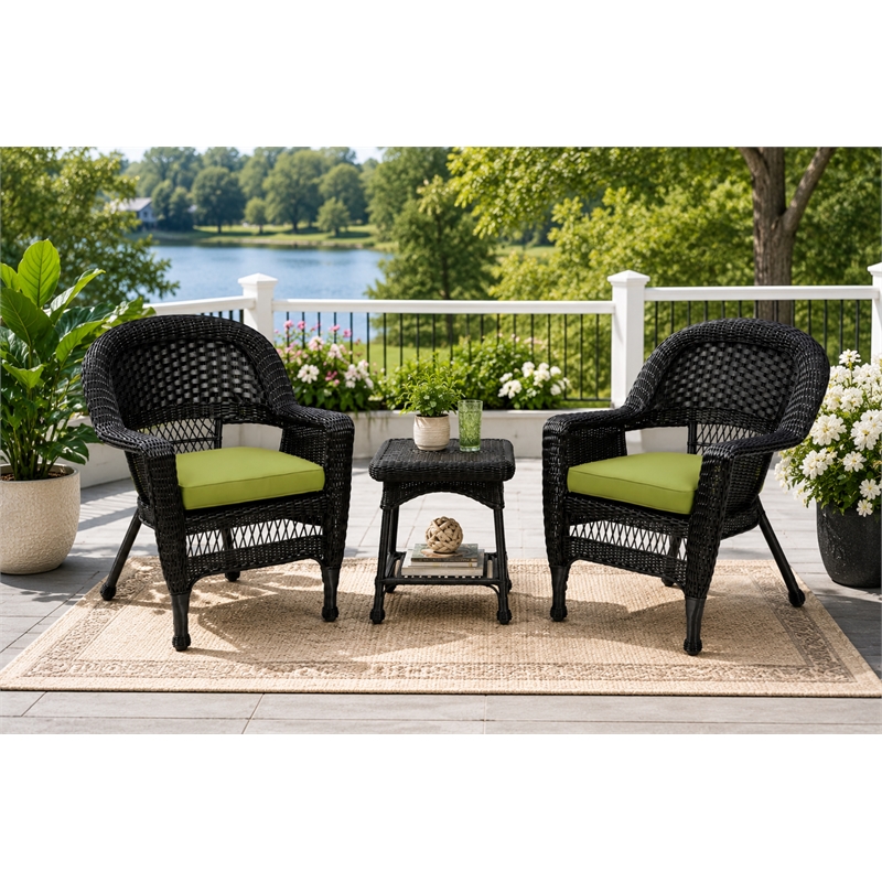 Black Resin Wicker Chair And End Table Set With Sage Green Cushion - 3pc Set