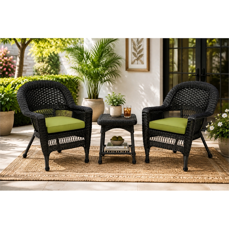 Black Resin Wicker Chair And End Table Set With Sage Green Cushion - 3pc Set