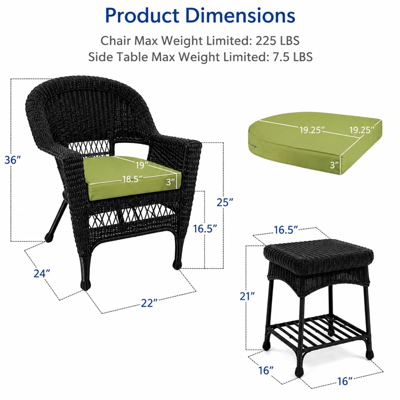 Black Resin Wicker Chair And End Table Set With Sage Green Cushion - 3pc Set