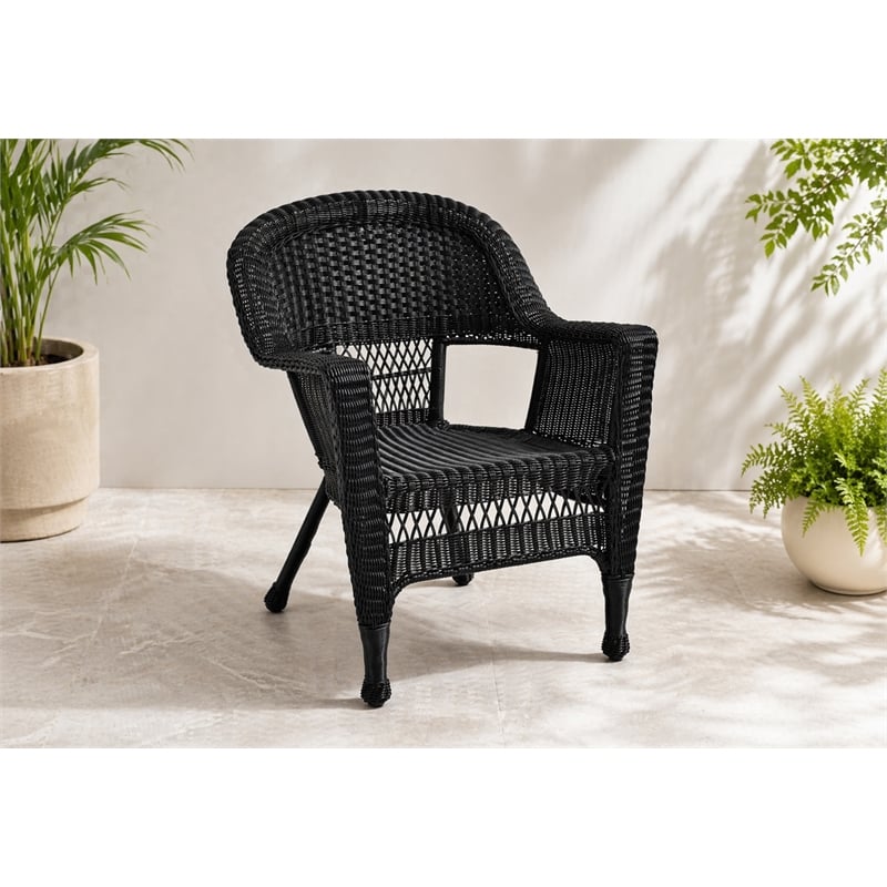 Black Resin Wicker Chair With Brick Red Cushion - Set of 4