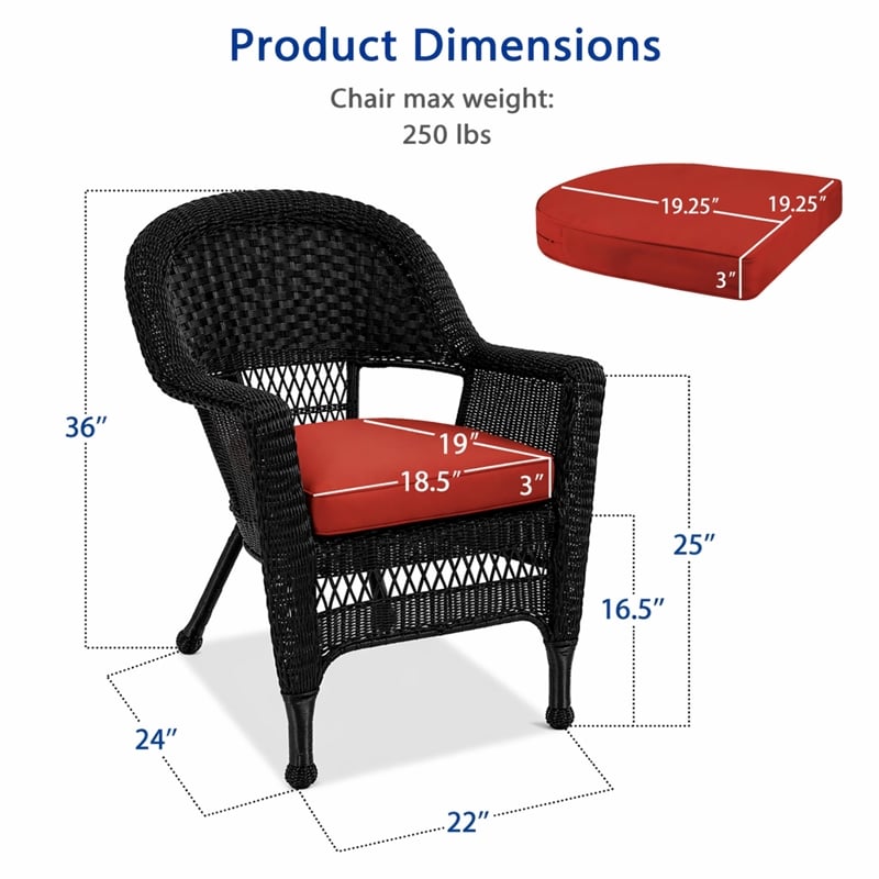 Black Resin Wicker Chair With Brick Red Cushion - Set of 4