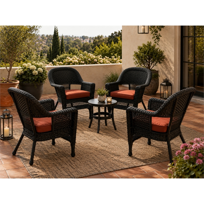 Black Resin Wicker Chair With Brick Red Cushion - Set of 4