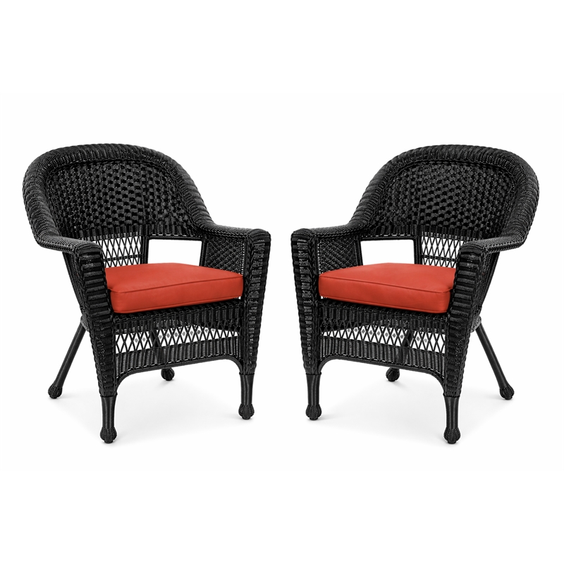 Black Resin Wicker Chair With Brick Red Cushion - Set of 4
