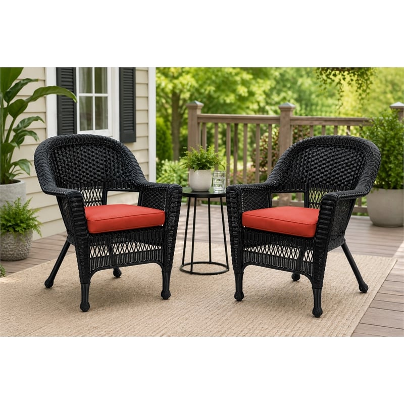 Black Resin Wicker Chair With Brick Red Cushion - Set of 4
