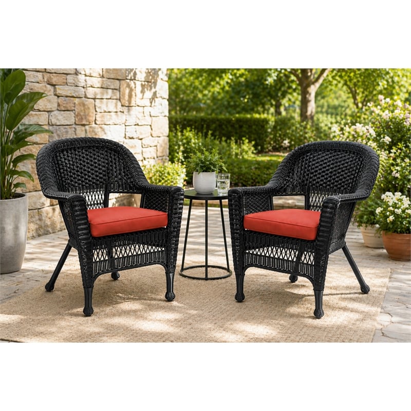 Black Resin Wicker Chair With Brick Red Cushion - Set of 4