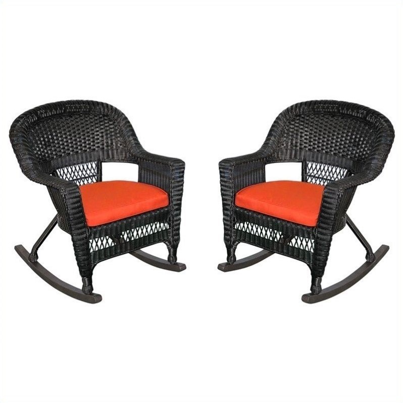 Jeco Wicker Chair in Black with Red Orange Cushion (Set of 4)