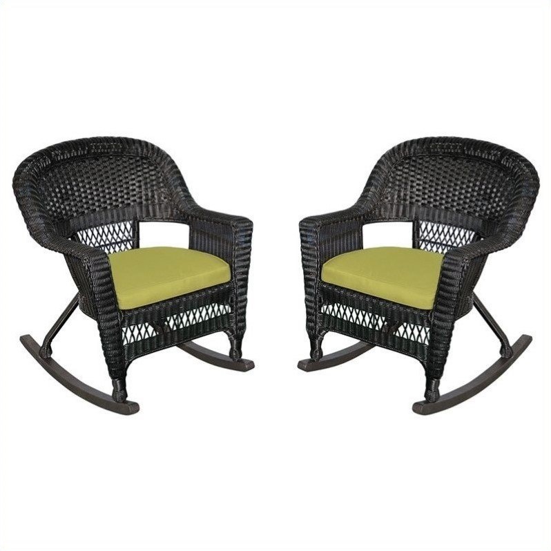 Jeco Wicker Chair in Black with Green Cushion (Set of 4)