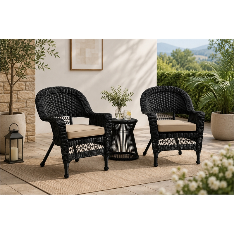 Black Resin Wicker Chair With Tan Cushion - Set of 2