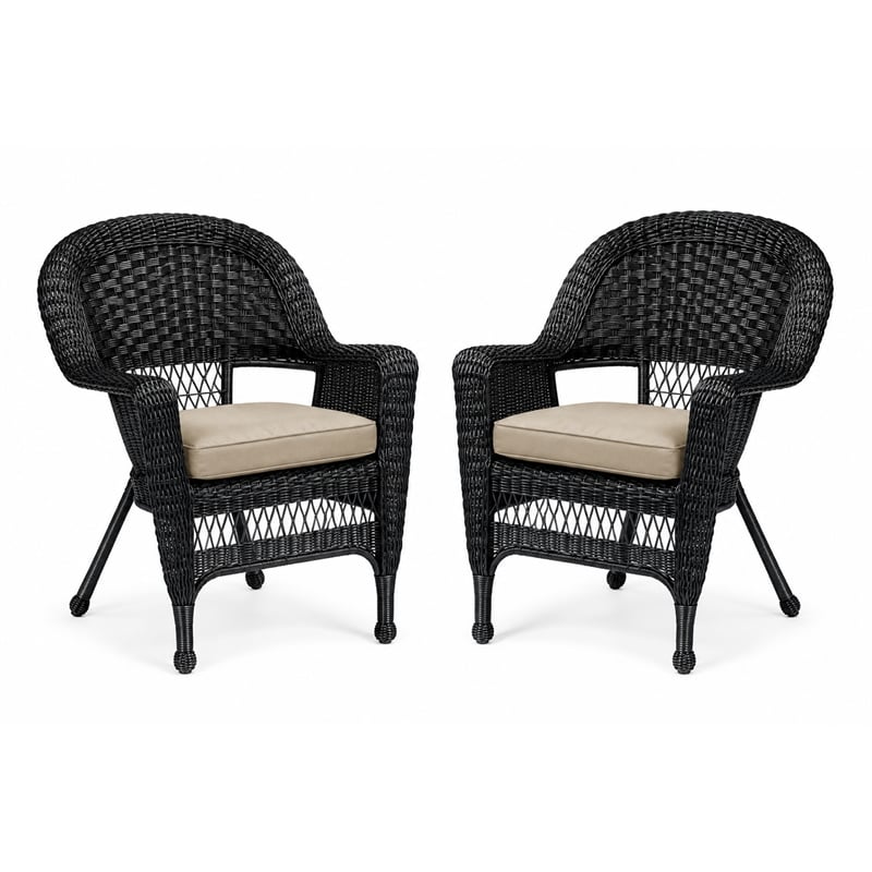 Black Resin Wicker Chair With Tan Cushion - Set of 2