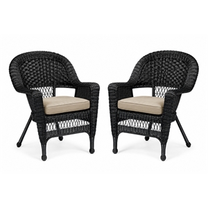 Black Resin Wicker Chair With Tan Cushion - Set of 2