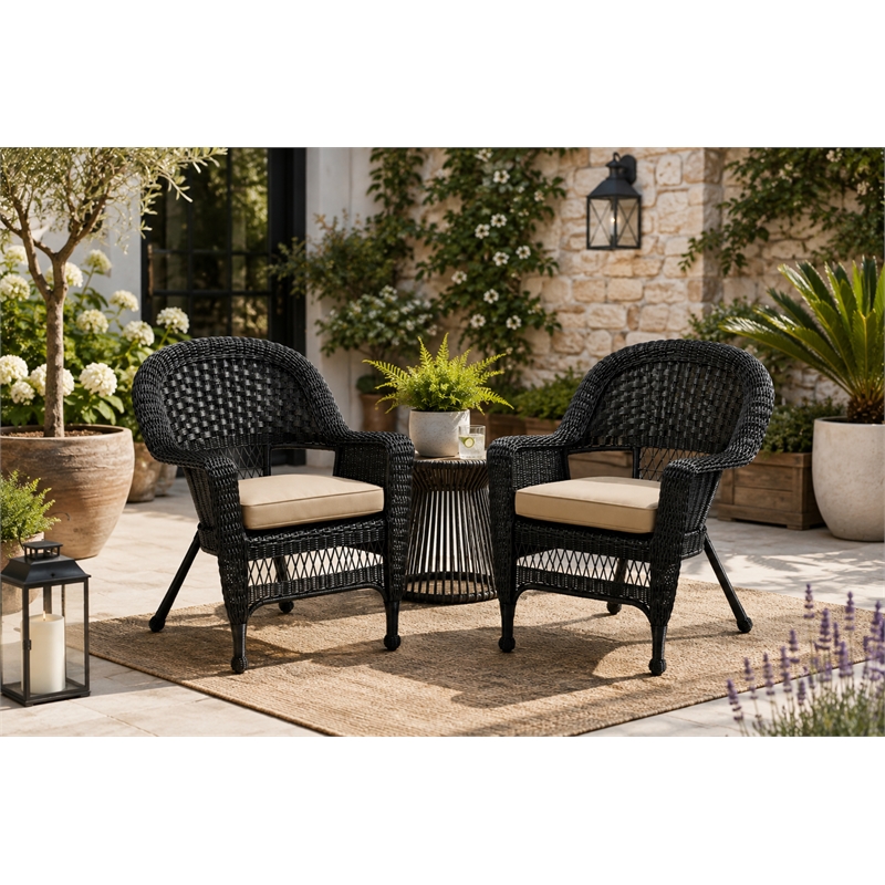 Black Resin Wicker Chair With Tan Cushion - Set of 2