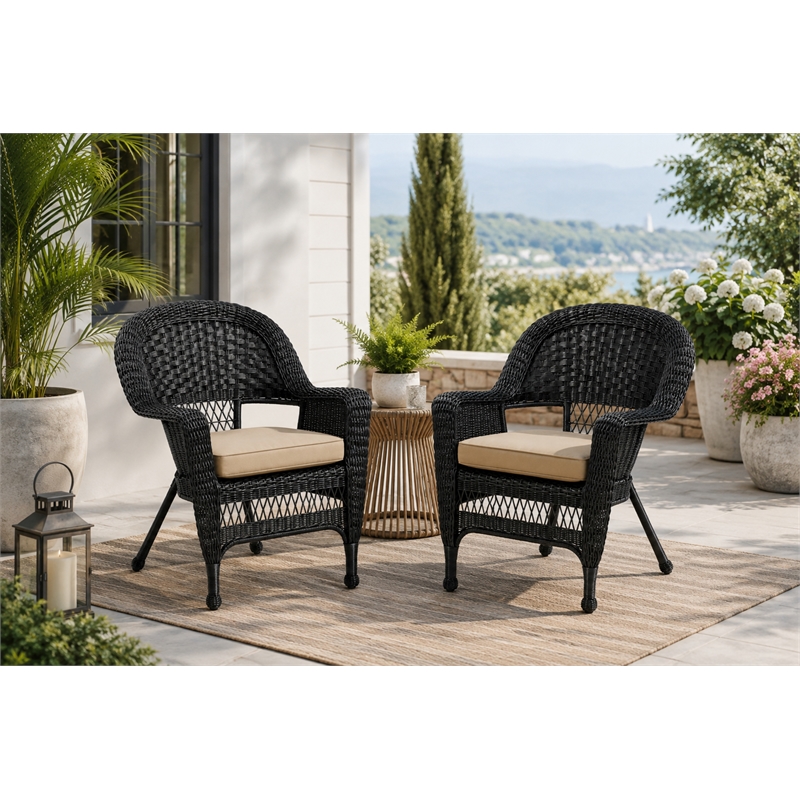 Black Resin Wicker Chair With Tan Cushion - Set of 2