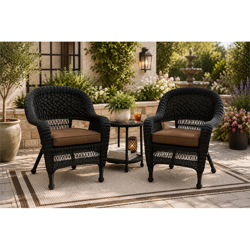 Black Resin Wicker Chair With Brown Cushion - Set of 2