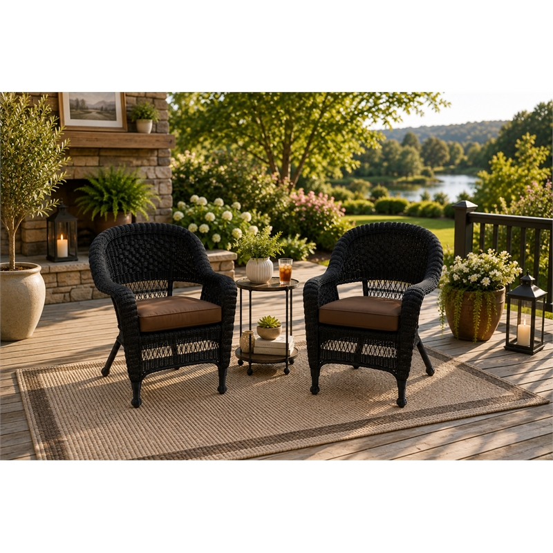 Black Resin Wicker Chair With Brown Cushion - Set of 2