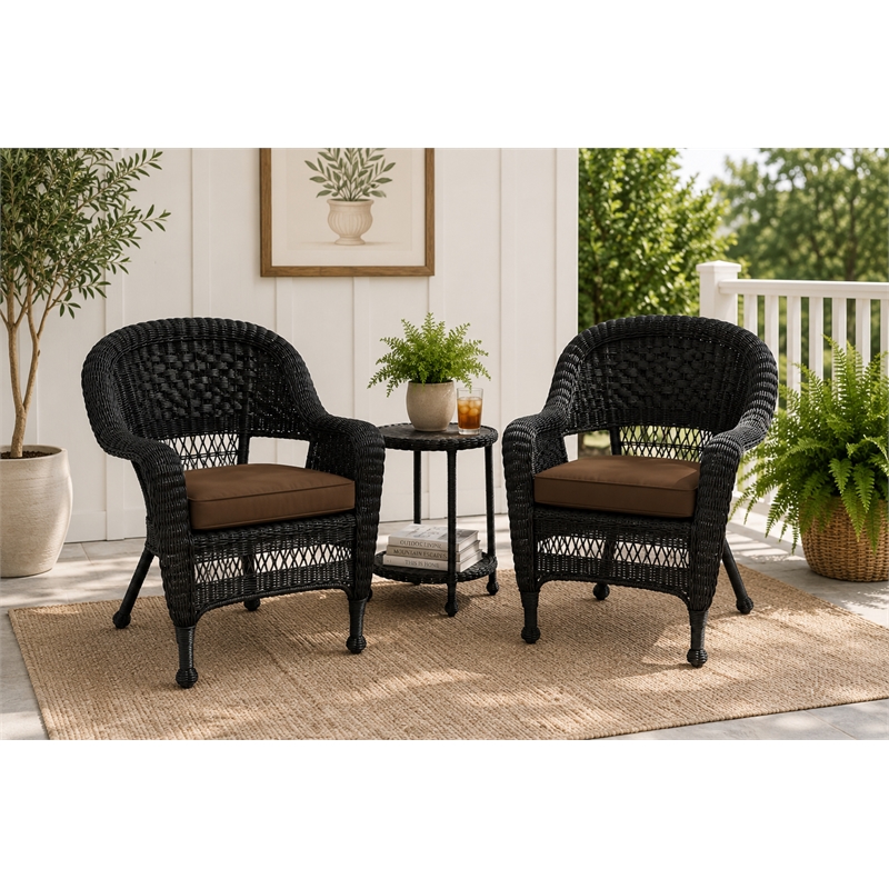 Black Resin Wicker Chair With Brown Cushion - Set of 2