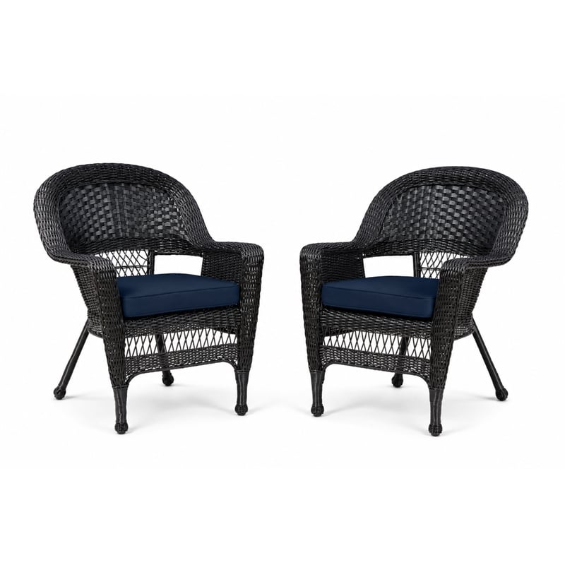 Black Resin Wicker Chair With Midnight Blue Cushion - Set of 2