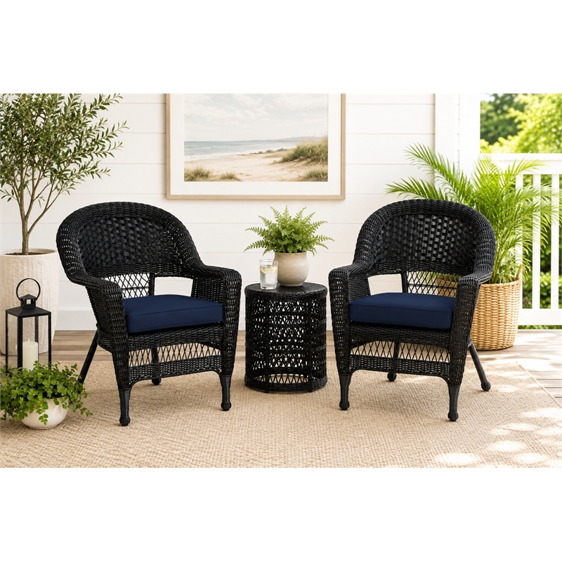 Black Resin Wicker Chair With Midnight Blue Cushion - Set of 2