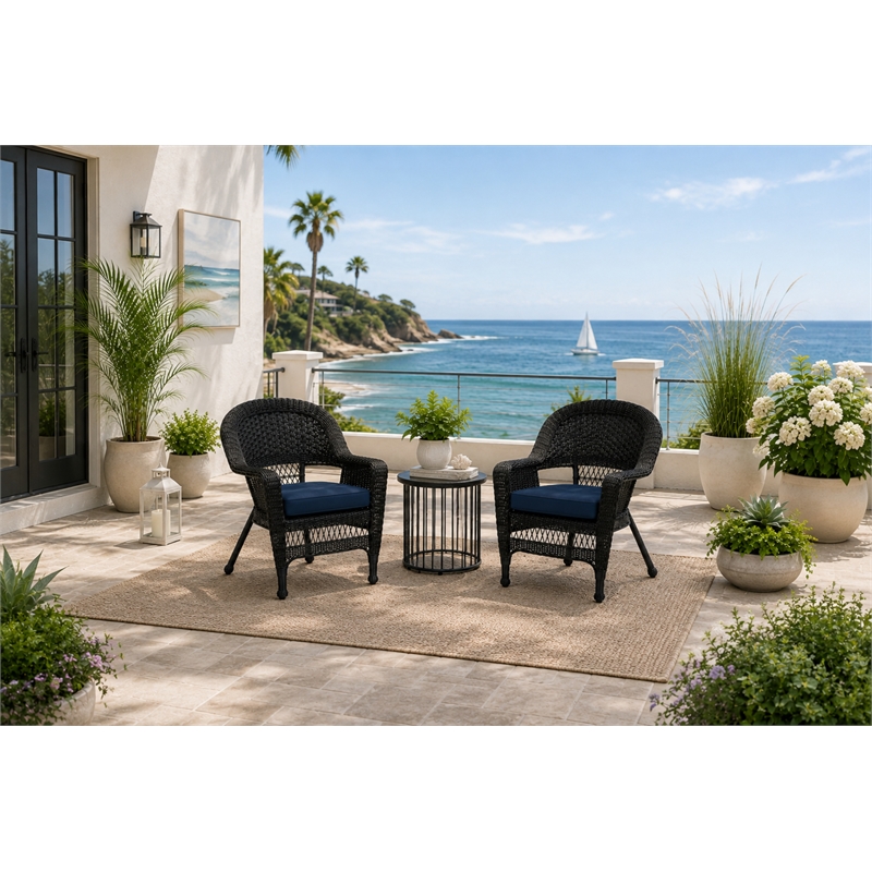 Black Resin Wicker Chair With Midnight Blue Cushion - Set of 2