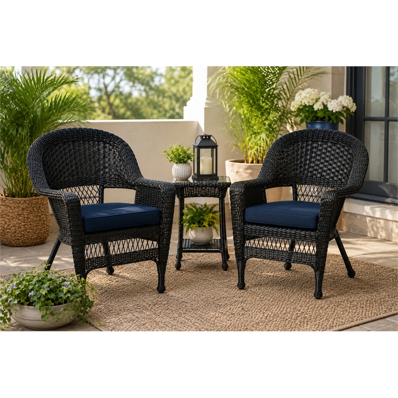 Black Resin Wicker Chair With Midnight Blue Cushion - Set of 2
