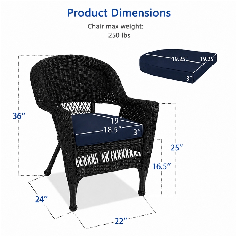 Black Resin Wicker Chair With Midnight Blue Cushion - Set of 2