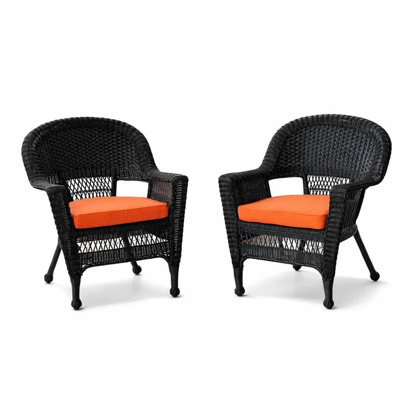 Black Resin Wicker Chair With Orange Cushion - Set of 2