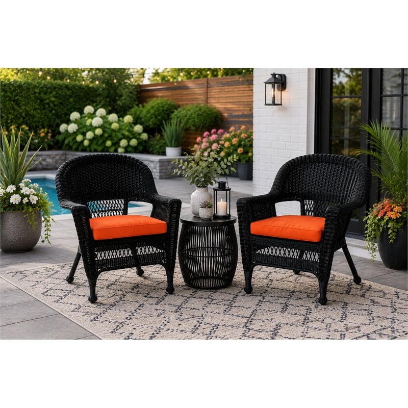 Black Resin Wicker Chair With Orange Cushion - Set of 2