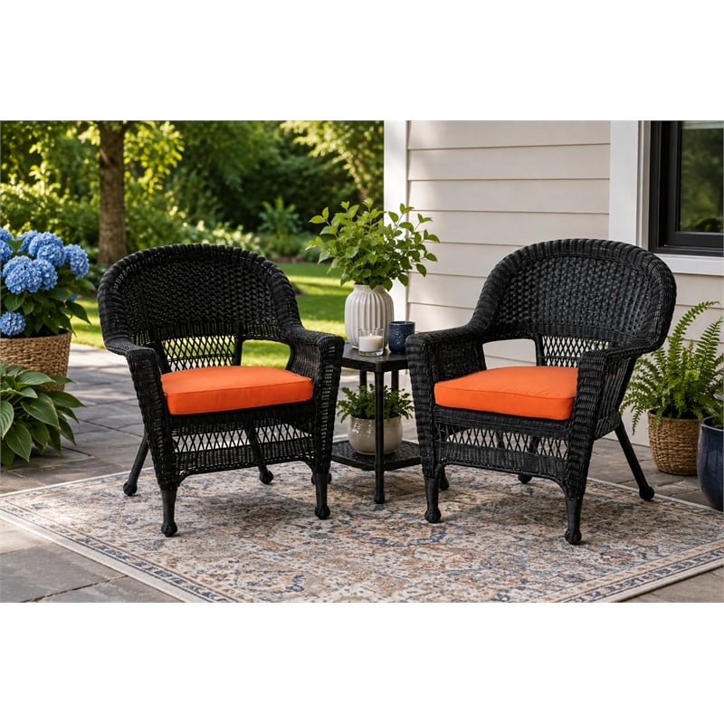 Black Resin Wicker Chair With Orange Cushion - Set of 2