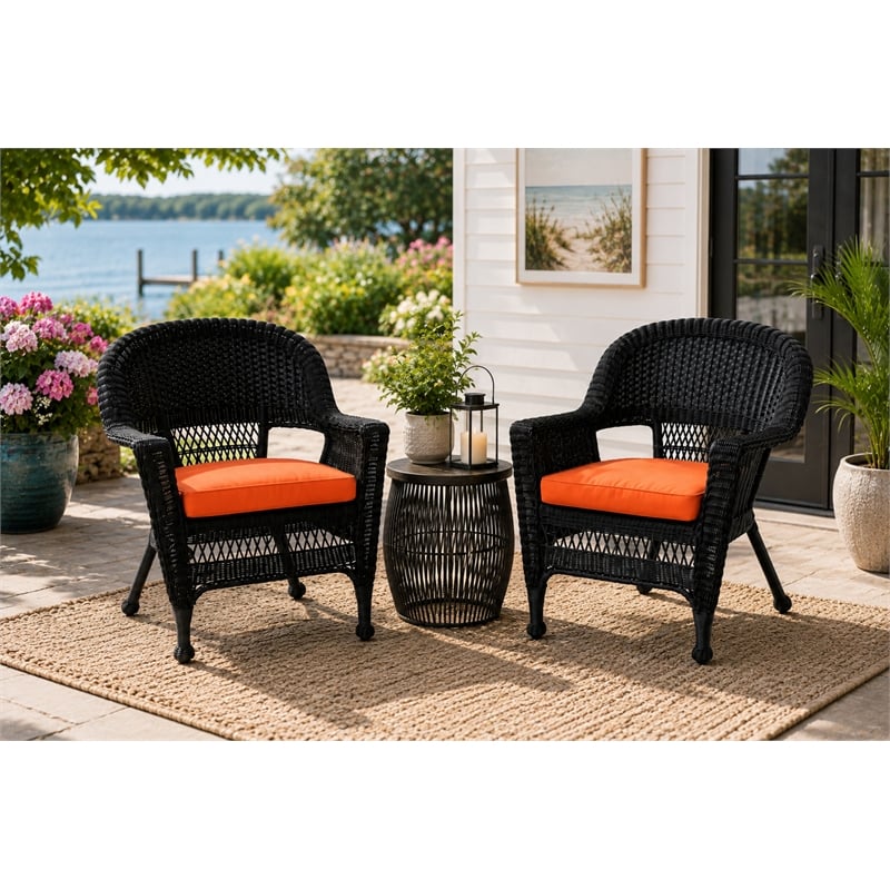 Black Resin Wicker Chair With Orange Cushion - Set of 2