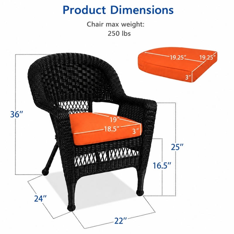Black Resin Wicker Chair With Orange Cushion - Set of 2