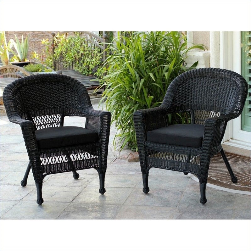 Jeco Wicker Chair in Black with Black Cushion (Set of 2)