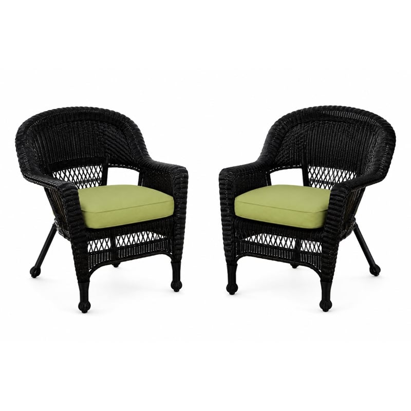 Black Resin Wicker Chair With Sage Green Cushion - Set of 2