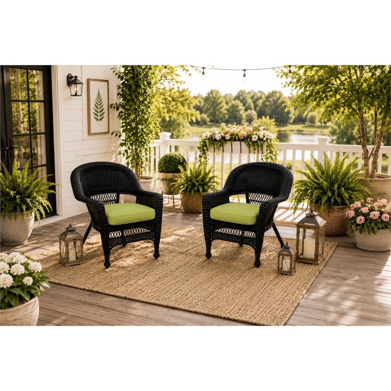 Black Resin Wicker Chair With Sage Green Cushion - Set of 2