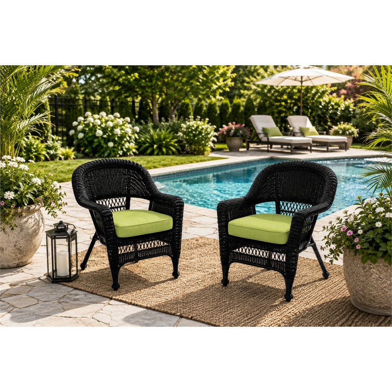 Black Resin Wicker Chair With Sage Green Cushion - Set of 2