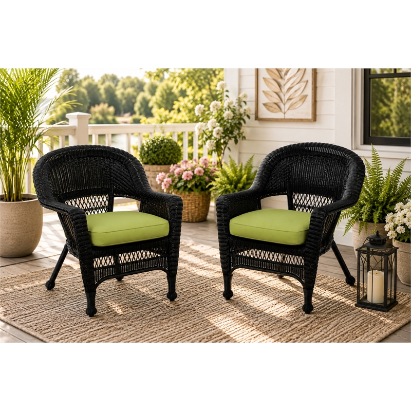 Black Resin Wicker Chair With Sage Green Cushion - Set of 2