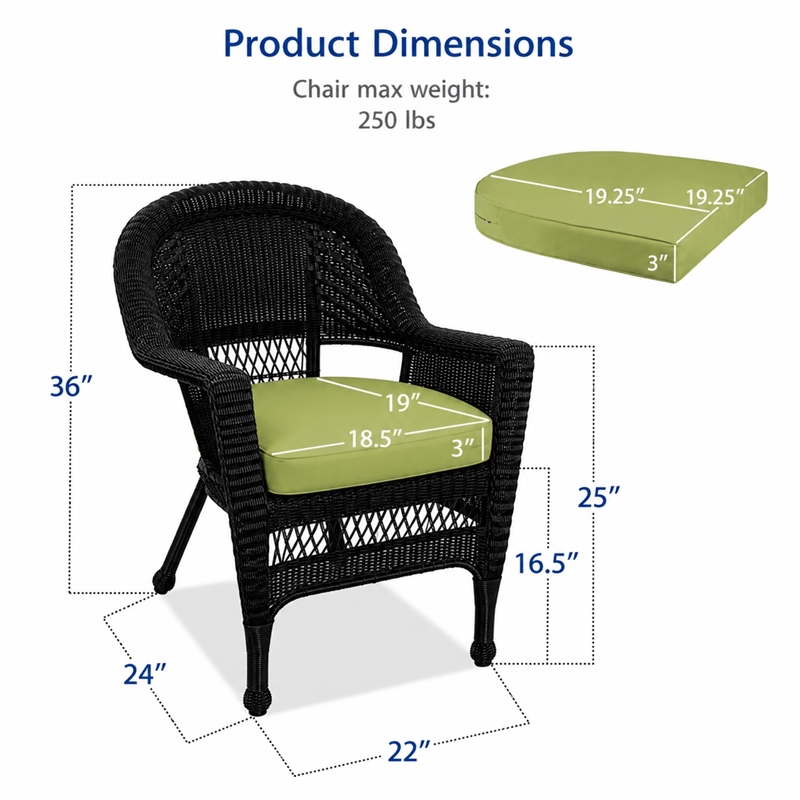 Black Resin Wicker Chair With Sage Green Cushion - Set of 2