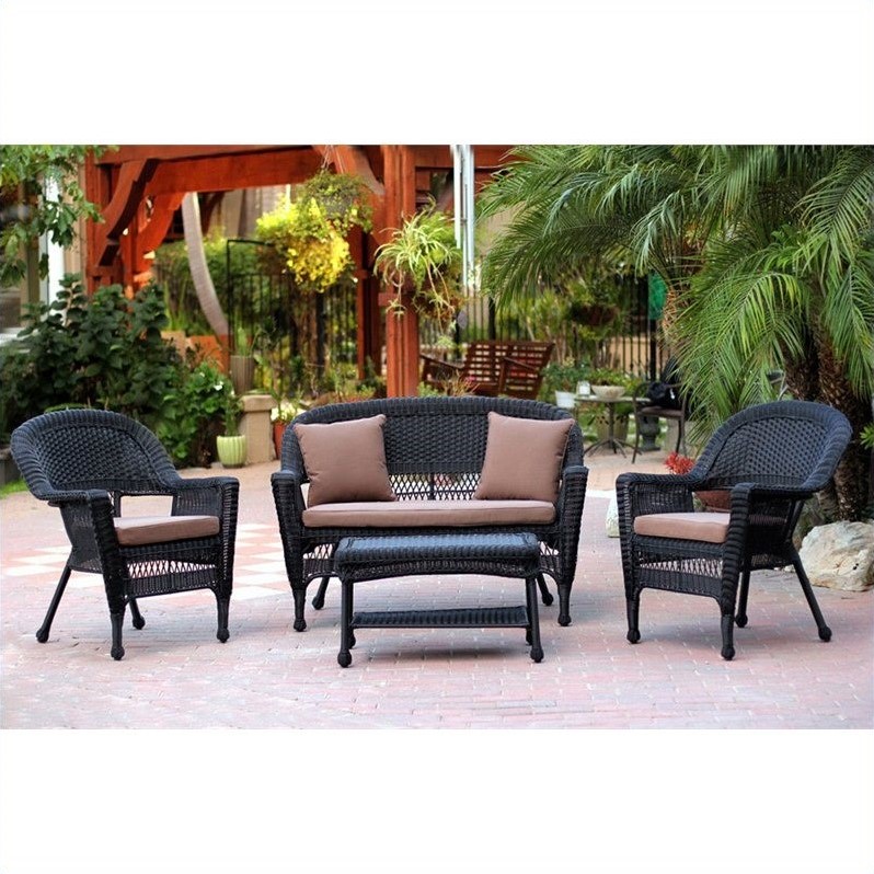 Jeco 4pc Wicker Conversation Set in Black with Cococa Brown Cushions