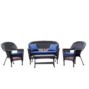 Jeco 4pc Wicker Conversation Set in Black with Navy Blue Cushions