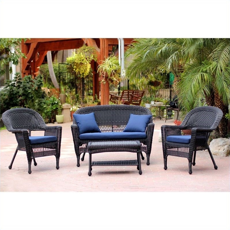 Jeco 4pc Wicker Conversation Set in Black with Navy Blue Cushions