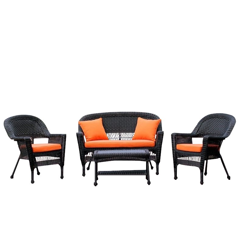 Jeco 4pc Wicker Conversation Set in Black with Brick Orange Cushions