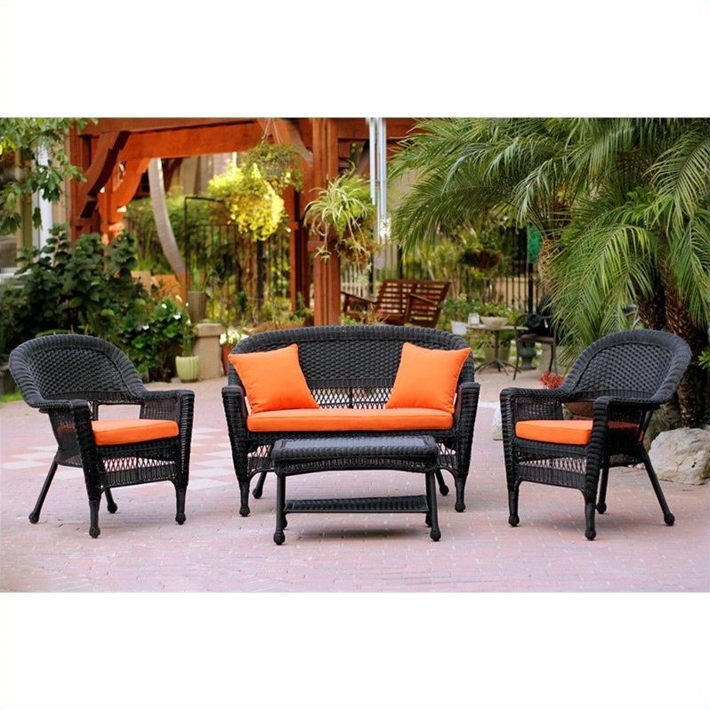 Jeco 4pc Wicker Conversation Set in Black with Brick Orange Cushions