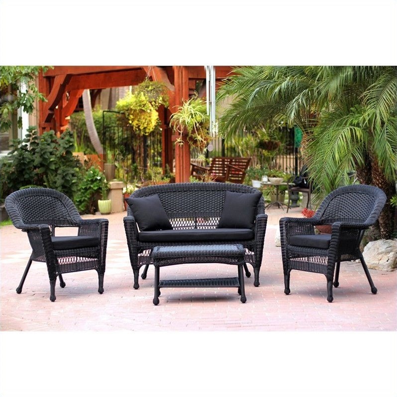 Jeco 4pc Wicker Conversation Set in Black with Black Cushions