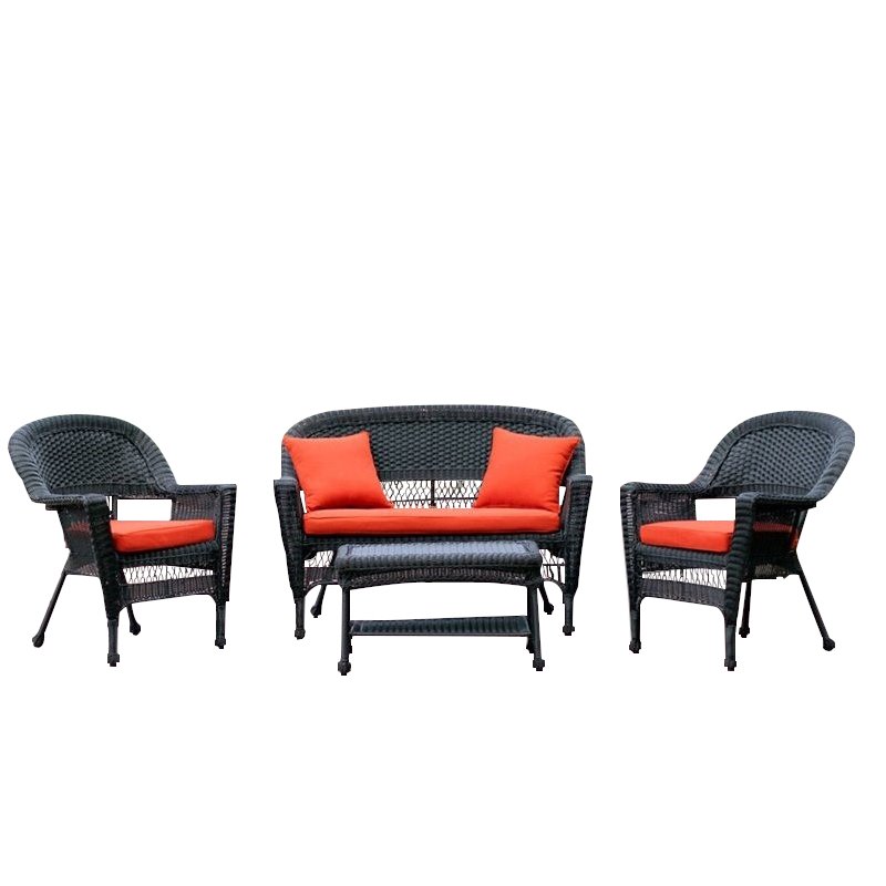 Jeco 4pc Wicker Conversation Set in Black with Red Orange Cushions