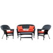 Jeco 4pc Wicker Conversation Set in Black with Red Orange Cushions