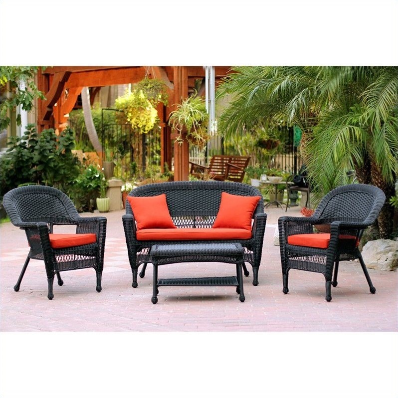 Jeco 4pc Wicker Conversation Set in Black with Red Orange Cushions