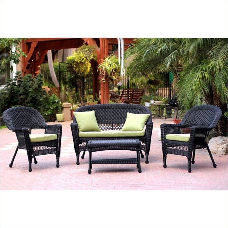 Jeco 4pc Wicker Conversation Set in Black with Green Cushions