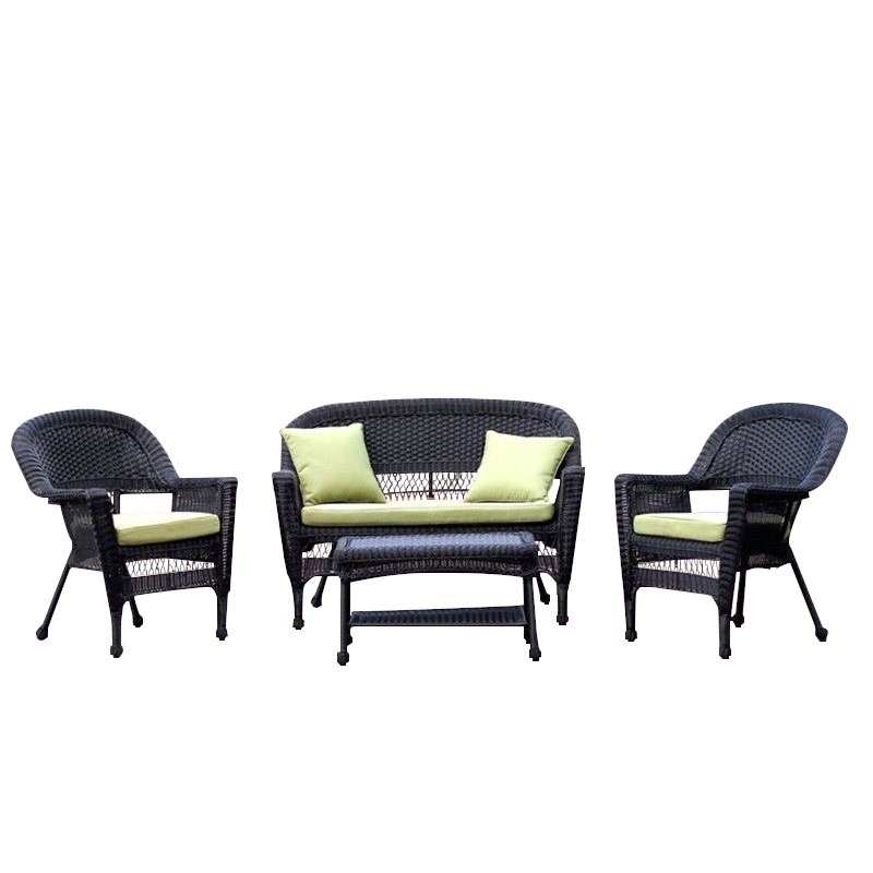 Jeco 4pc Wicker Conversation Set in Black with Green Cushions