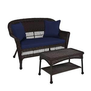 Jeco Wicker Patio Love Seat and Coffee Table Set in Black with Blue Cushion