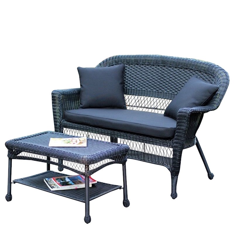Jeco Wicker Patio Love Seat and Coffee Table Set in Black with Black Cushion