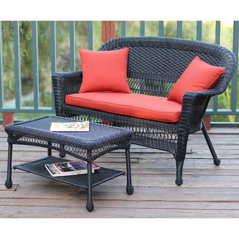 Jeco Wicker Patio Love Seat and Coffee Table Set in Black